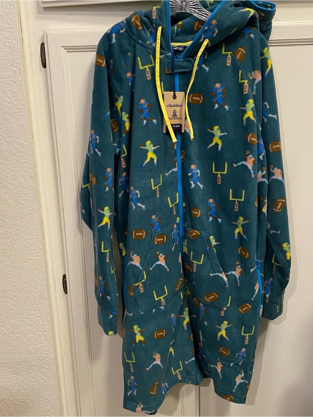 chubbies Teal Football Fleece Hooded Onesie with Yellow Accents
